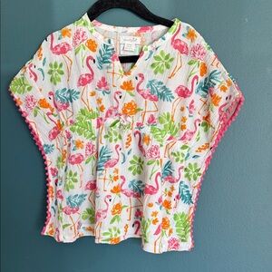 Mud Pie White Tunic with Pink Flamingo & Multi Floral Print Pom Trim